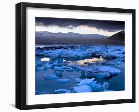 Blue Icebergs Floating on the Jokulsarlon Glacial Lagoon at Sunset, South Iceland, Iceland-Lee Frost-Framed Photographic Print