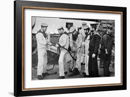 Blue Jackets at Work Splicing a Rope on Board the Battleship HMS 'Majestic, 1896-Gregory & Co-Framed Giclee Print