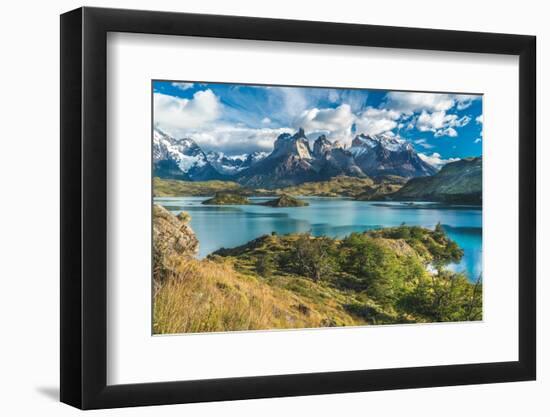 Blue Lake on a Snowy Mountains Background and Cloudy Sky Torres Del Paine-Alexandr Berdicevschi-Framed Photographic Print