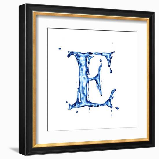 Blue Liquid Water Alphabet With Splashes And Drops - Letter E--Vladimir--Framed Art Print