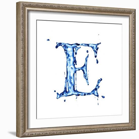 Blue Liquid Water Alphabet With Splashes And Drops - Letter E--Vladimir--Framed Art Print