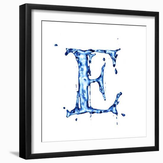 Blue Liquid Water Alphabet With Splashes And Drops - Letter E--Vladimir--Framed Art Print