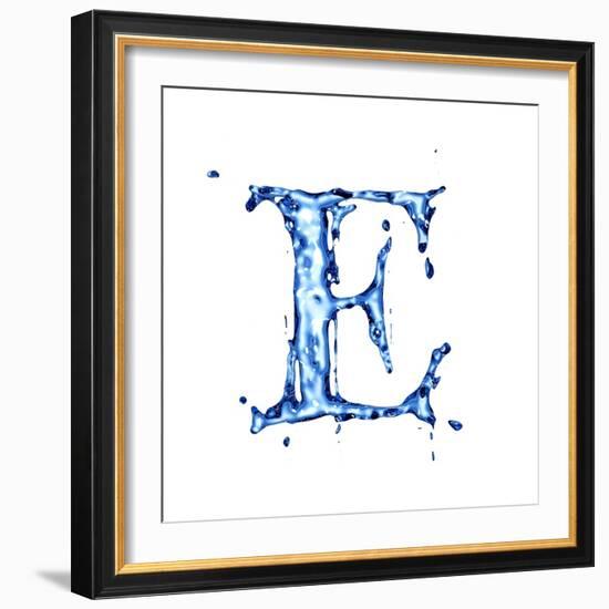 Blue Liquid Water Alphabet With Splashes And Drops - Letter E--Vladimir--Framed Art Print