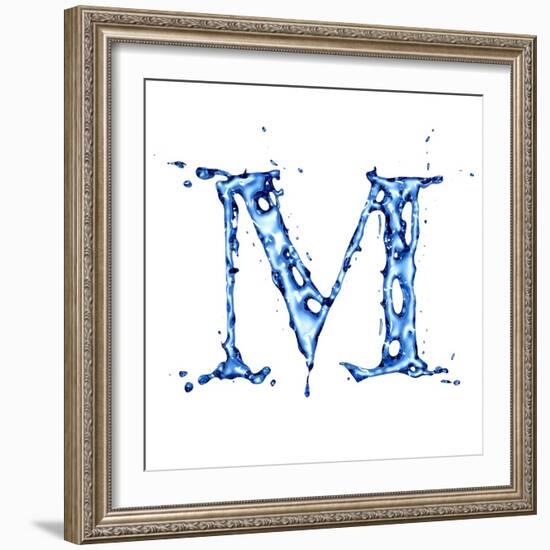 Blue Liquid Water Alphabet With Splashes And Drops - Letter M--Vladimir--Framed Art Print