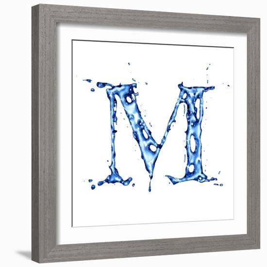 Blue Liquid Water Alphabet With Splashes And Drops - Letter M--Vladimir--Framed Art Print