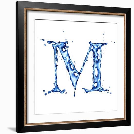 Blue Liquid Water Alphabet With Splashes And Drops - Letter M--Vladimir--Framed Art Print