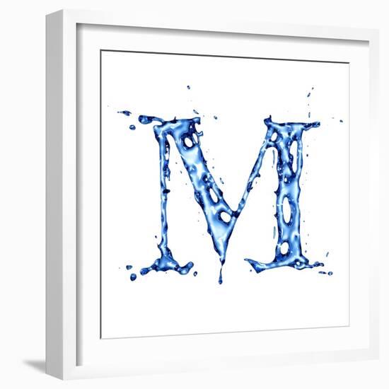 Blue Liquid Water Alphabet With Splashes And Drops - Letter M--Vladimir--Framed Art Print