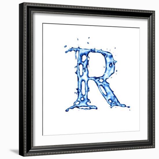 Blue Liquid Water Alphabet With Splashes And Drops - Letter R--Vladimir--Framed Art Print