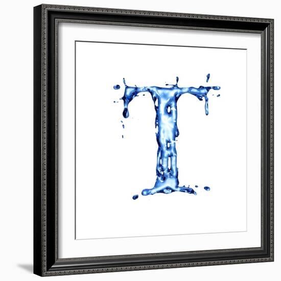 Blue Liquid Water Alphabet With Splashes And Drops - Letter T--Vladimir--Framed Art Print