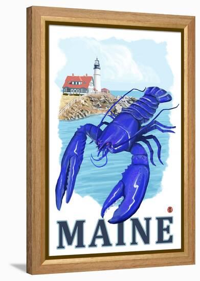 Blue Lobster & Portland Lighthouse - Maine-Lantern Press-Framed Stretched Canvas
