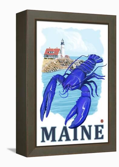 Blue Lobster & Portland Lighthouse - Maine-Lantern Press-Framed Stretched Canvas