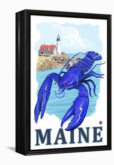 Blue Lobster & Portland Lighthouse - Maine-Lantern Press-Framed Stretched Canvas