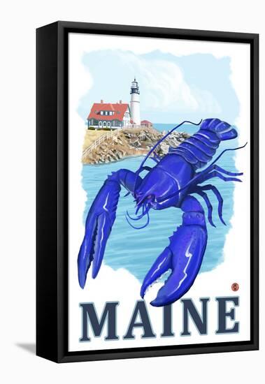 Blue Lobster & Portland Lighthouse - Maine-Lantern Press-Framed Stretched Canvas