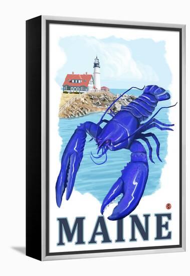 Blue Lobster & Portland Lighthouse - Maine-Lantern Press-Framed Stretched Canvas