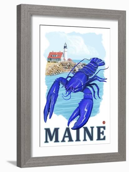 Blue Lobster & Portland Lighthouse - Maine-Lantern Press-Framed Art Print