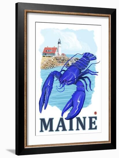 Blue Lobster & Portland Lighthouse - Maine-Lantern Press-Framed Art Print