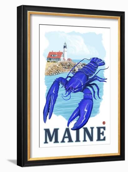 Blue Lobster & Portland Lighthouse - Maine-Lantern Press-Framed Art Print