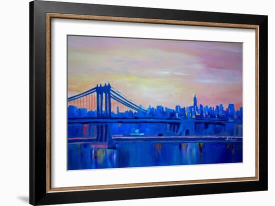 Blue Manhattan Skyline with Bridge and Vanilla Sky-Markus Bleichner-Framed Art Print