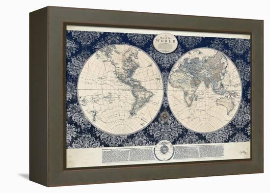 Blue Map of the World-Elizabeth Medley-Framed Stretched Canvas