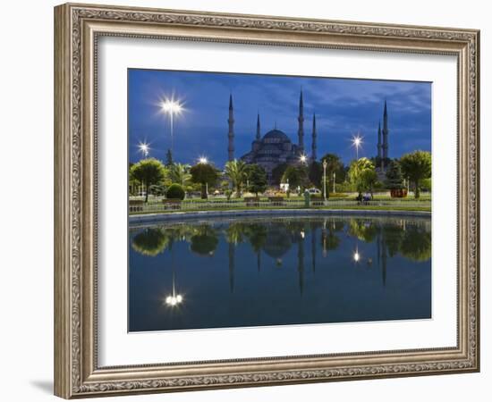 Blue Mosque in Evening, Reflected in Pond, Sultanahmet Square, Istanbul, Turkey, Europe-Martin Child-Framed Photographic Print