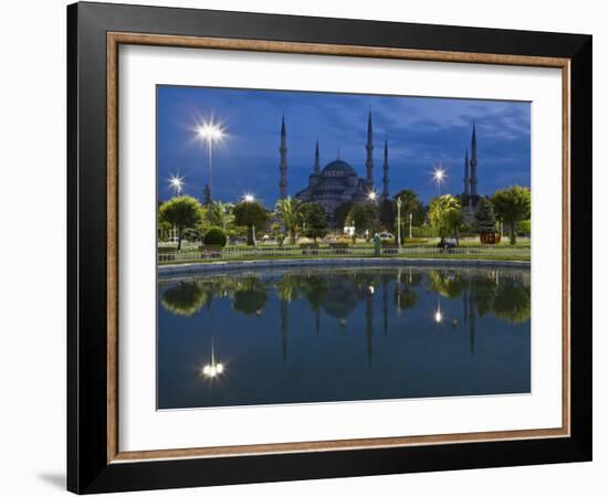 Blue Mosque in Evening, Reflected in Pond, Sultanahmet Square, Istanbul, Turkey, Europe-Martin Child-Framed Photographic Print