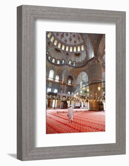 Blue Mosque Interior, UNESCO World Heritage Site, Mullah in Foreground, Istanbul, Turkey, Europe-James Strachan-Framed Photographic Print