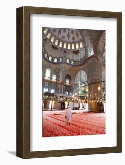 Blue Mosque Interior, UNESCO World Heritage Site, Mullah in Foreground, Istanbul, Turkey, Europe-James Strachan-Framed Photographic Print