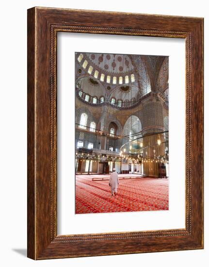 Blue Mosque Interior, UNESCO World Heritage Site, Mullah in Foreground, Istanbul, Turkey, Europe-James Strachan-Framed Photographic Print