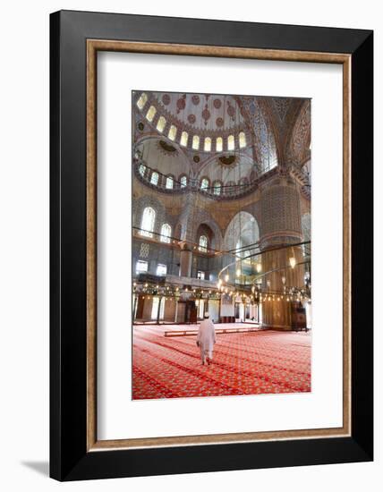 Blue Mosque Interior, UNESCO World Heritage Site, Mullah in Foreground, Istanbul, Turkey, Europe-James Strachan-Framed Photographic Print