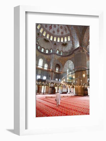 Blue Mosque Interior, UNESCO World Heritage Site, Mullah in Foreground, Istanbul, Turkey, Europe-James Strachan-Framed Photographic Print