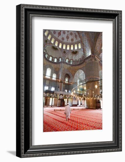 Blue Mosque Interior, UNESCO World Heritage Site, Mullah in Foreground, Istanbul, Turkey, Europe-James Strachan-Framed Photographic Print