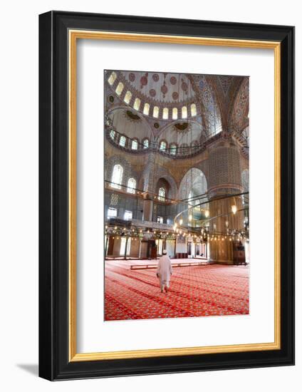 Blue Mosque Interior, UNESCO World Heritage Site, Mullah in Foreground, Istanbul, Turkey, Europe-James Strachan-Framed Photographic Print