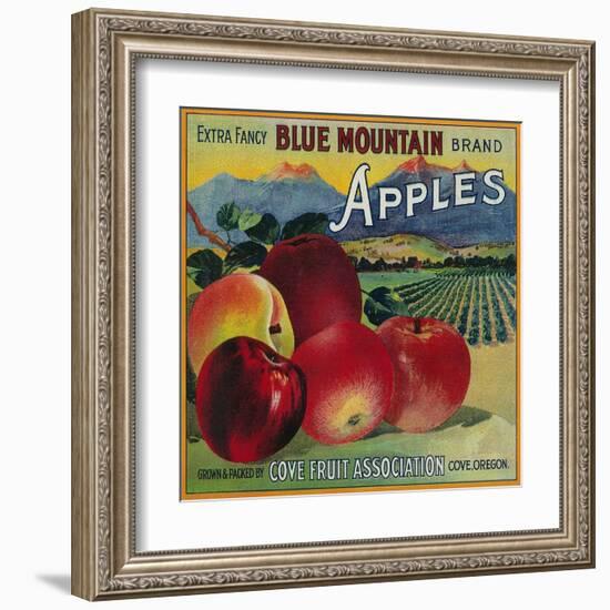 Blue Mountain Apple Crate Label - Cove, OR-Lantern Press-Framed Art Print
