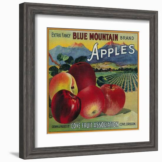 Blue Mountain Apple Crate Label - Cove, OR-Lantern Press-Framed Art Print