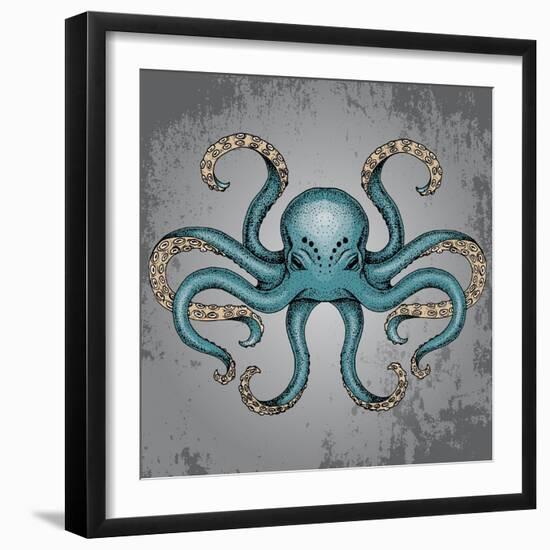 Blue Octopus with Grunge Background in Dotwork Tattoo Style Vector Illustration.-Maria Sem-Framed Art Print