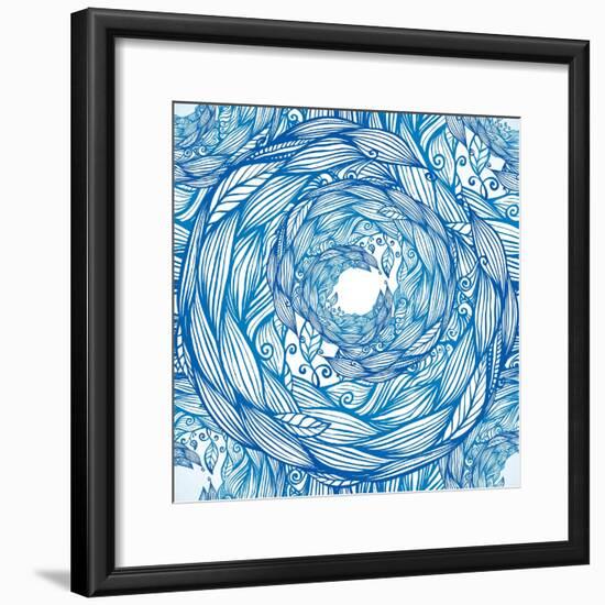 Blue Ornate Doodle Foliage Circle Seamless Pattern-Elena Solovova-Framed Photographic Print