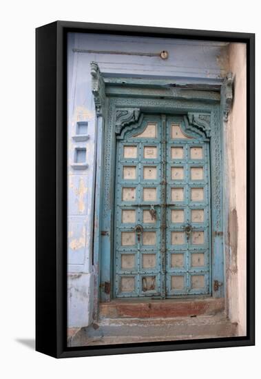 Blue-painted door, Jojawar, Rajasthan, India.-Inger Hogstrom-Framed Premier Image Canvas