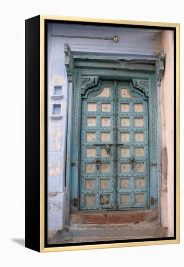 Blue-painted door, Jojawar, Rajasthan, India.-Inger Hogstrom-Framed Premier Image Canvas
