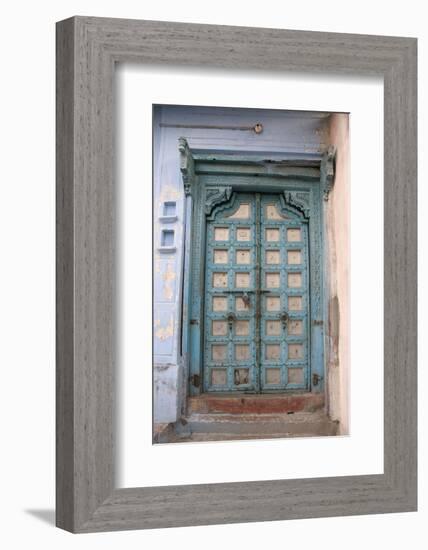 Blue-painted door, Jojawar, Rajasthan, India.-Inger Hogstrom-Framed Photographic Print