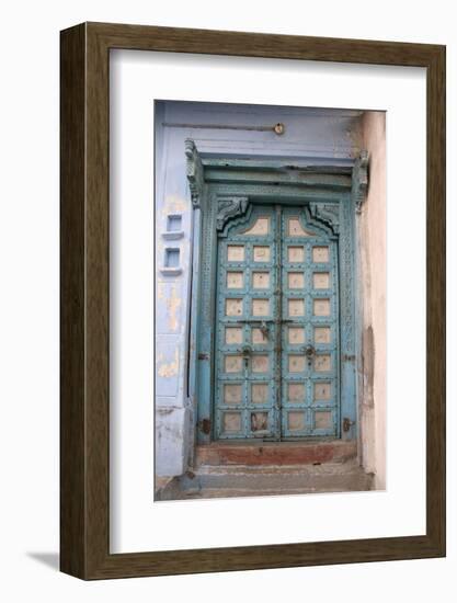 Blue-painted door, Jojawar, Rajasthan, India.-Inger Hogstrom-Framed Photographic Print