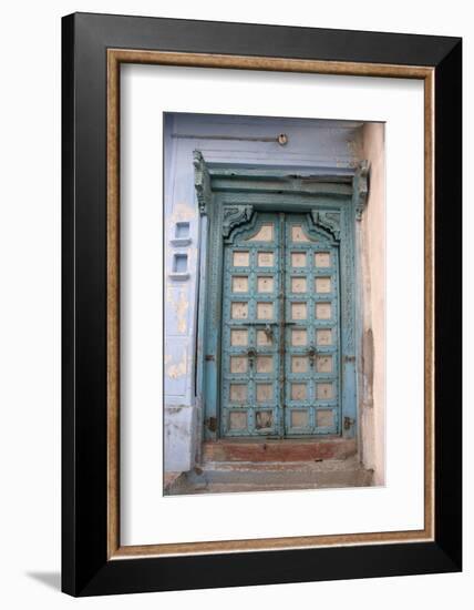 Blue-painted door, Jojawar, Rajasthan, India.-Inger Hogstrom-Framed Photographic Print