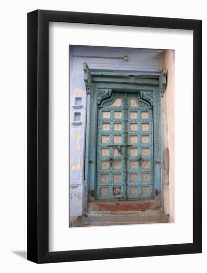 Blue-painted door, Jojawar, Rajasthan, India.-Inger Hogstrom-Framed Photographic Print