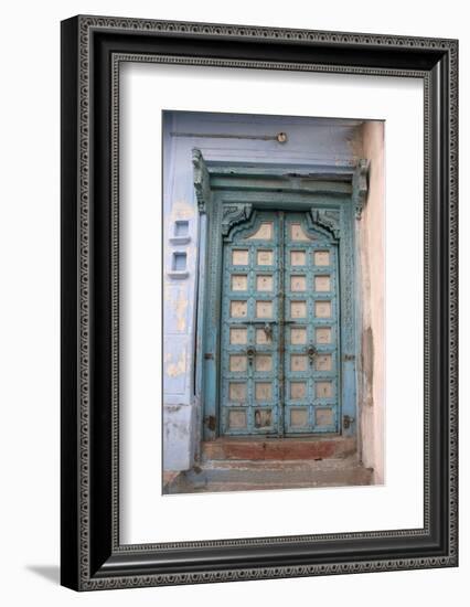 Blue-painted door, Jojawar, Rajasthan, India.-Inger Hogstrom-Framed Photographic Print