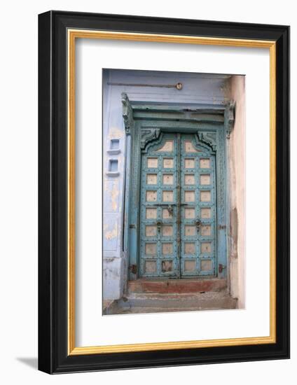 Blue-painted door, Jojawar, Rajasthan, India.-Inger Hogstrom-Framed Photographic Print