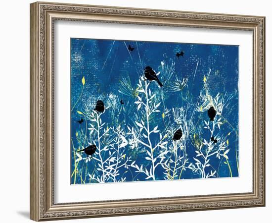 Blue Painted Texture background with White floral and Black Birds and Butterflies-Bee Sturgis-Framed Art Print