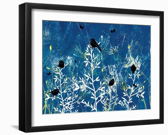 Blue Painted Texture background with White floral and Black Birds and Butterflies-Bee Sturgis-Framed Art Print