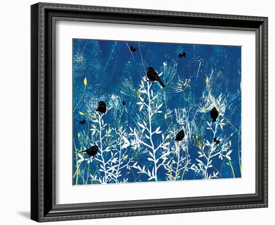 Blue Painted Texture background with White floral and Black Birds and Butterflies-Bee Sturgis-Framed Art Print