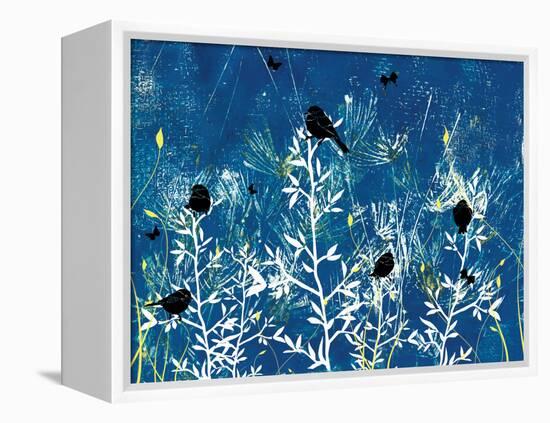 Blue Painted Texture background with White floral and Black Birds and Butterflies-Bee Sturgis-Framed Stretched Canvas