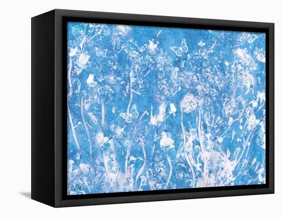 Blue Painted Texture Background with White Floral and butterflies-Bee Sturgis-Framed Stretched Canvas