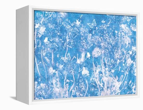 Blue Painted Texture Background with White Floral and butterflies-Bee Sturgis-Framed Stretched Canvas